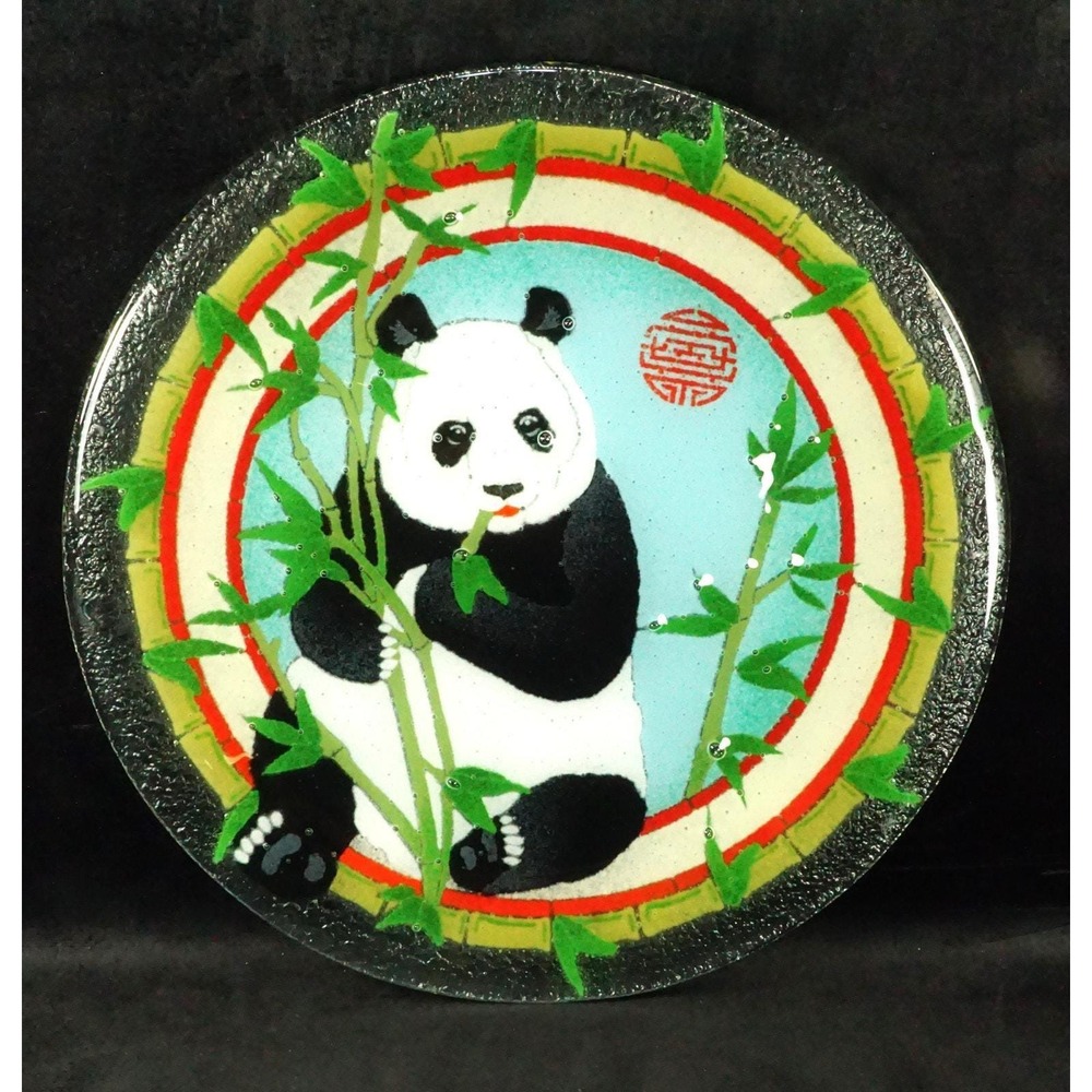 Rare Peggy Karr PANDA 11" Plate Retired 2002‎ Fused Art Glass